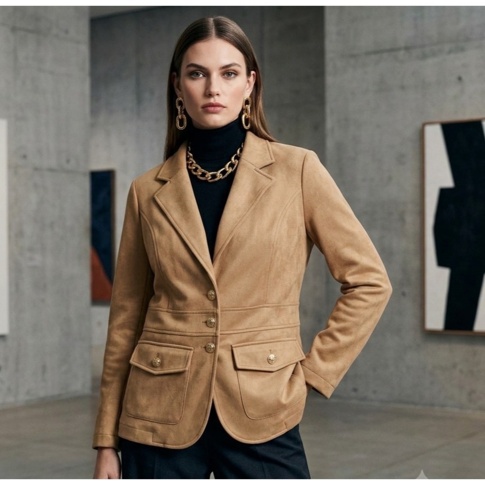 JOIE Faux Suede Jacket Size XL Camel Brown Gold Buttons Equestrian Old Money